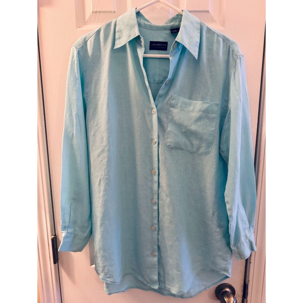 Liz Claiborne Linen Button Down Shirt Women’s S Blue Coastal Beachy Lightweight - Picture 2 of 8